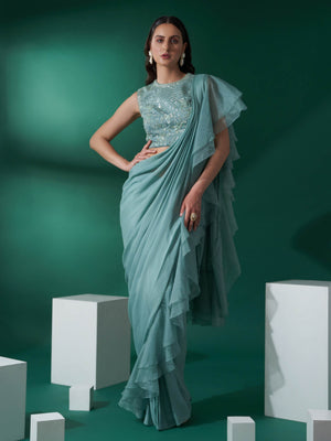 Sea Green Pre Draped Ruffle Saree Set - XL image