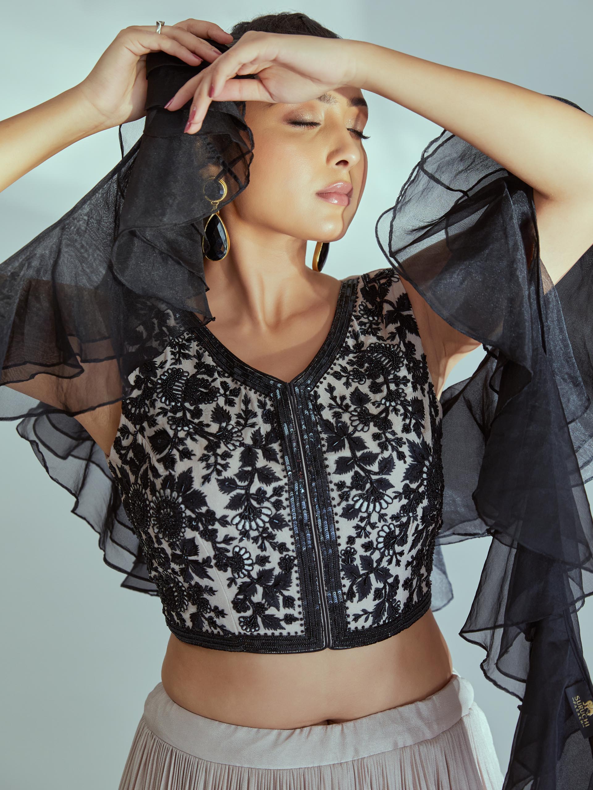 Nude and Black Embroidered Lehenga Set image 1