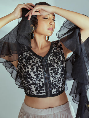 Nude and Black Embroidered Lehenga Set image 1