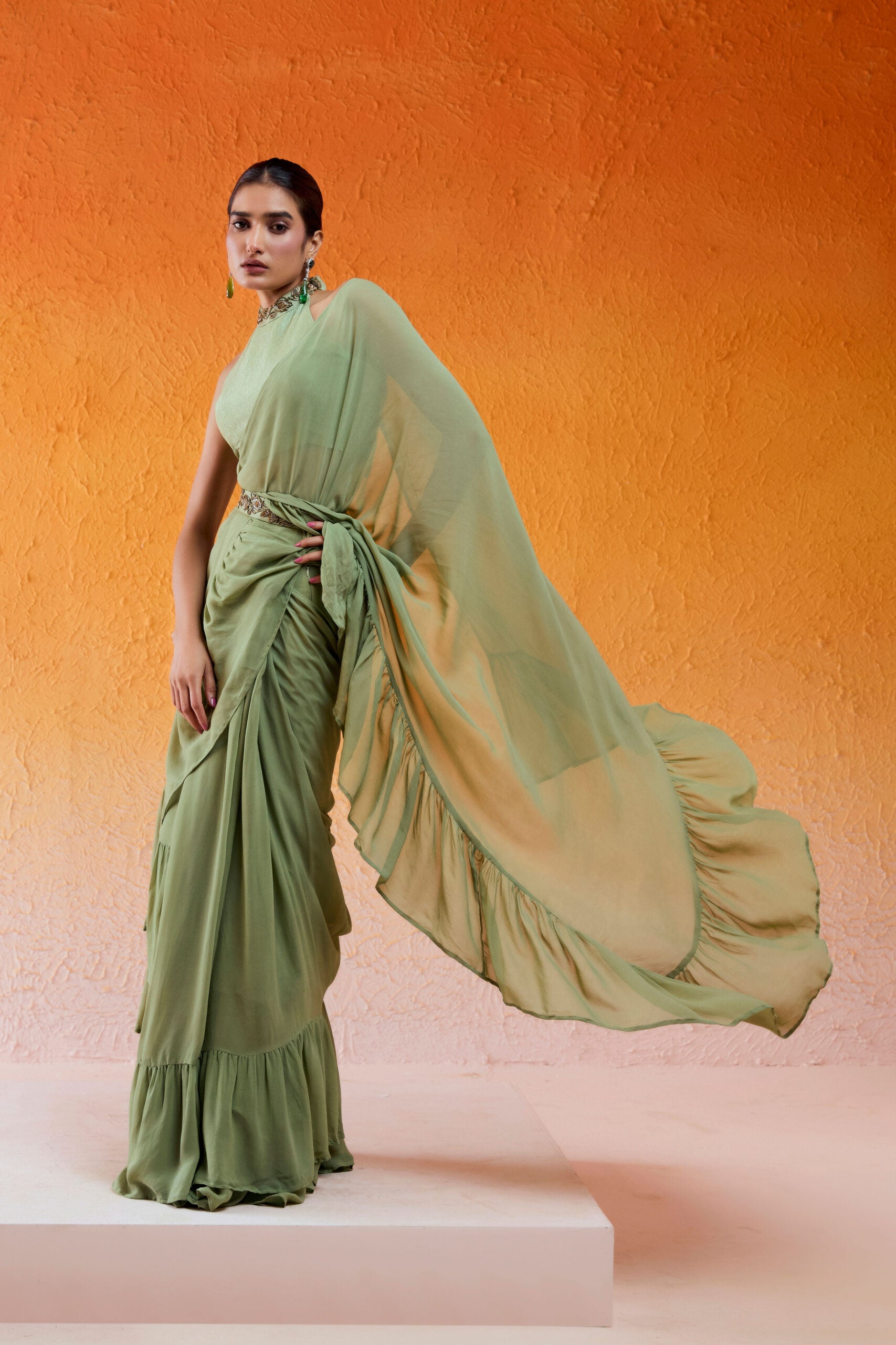 Pista Green Embroidered Drape Saree Set with Belt image 3