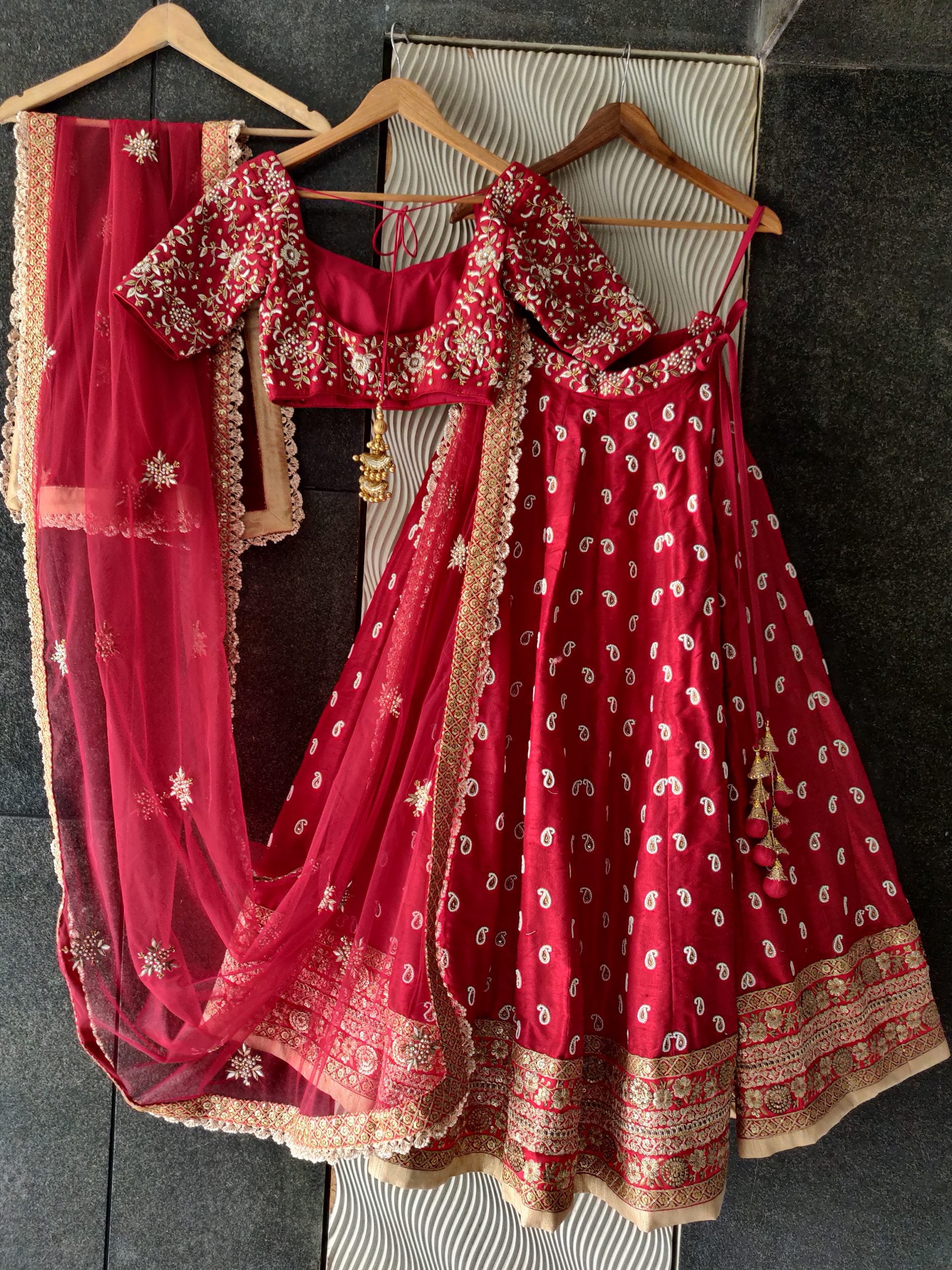 Red Bridal Paisley Work Lehenga image 4