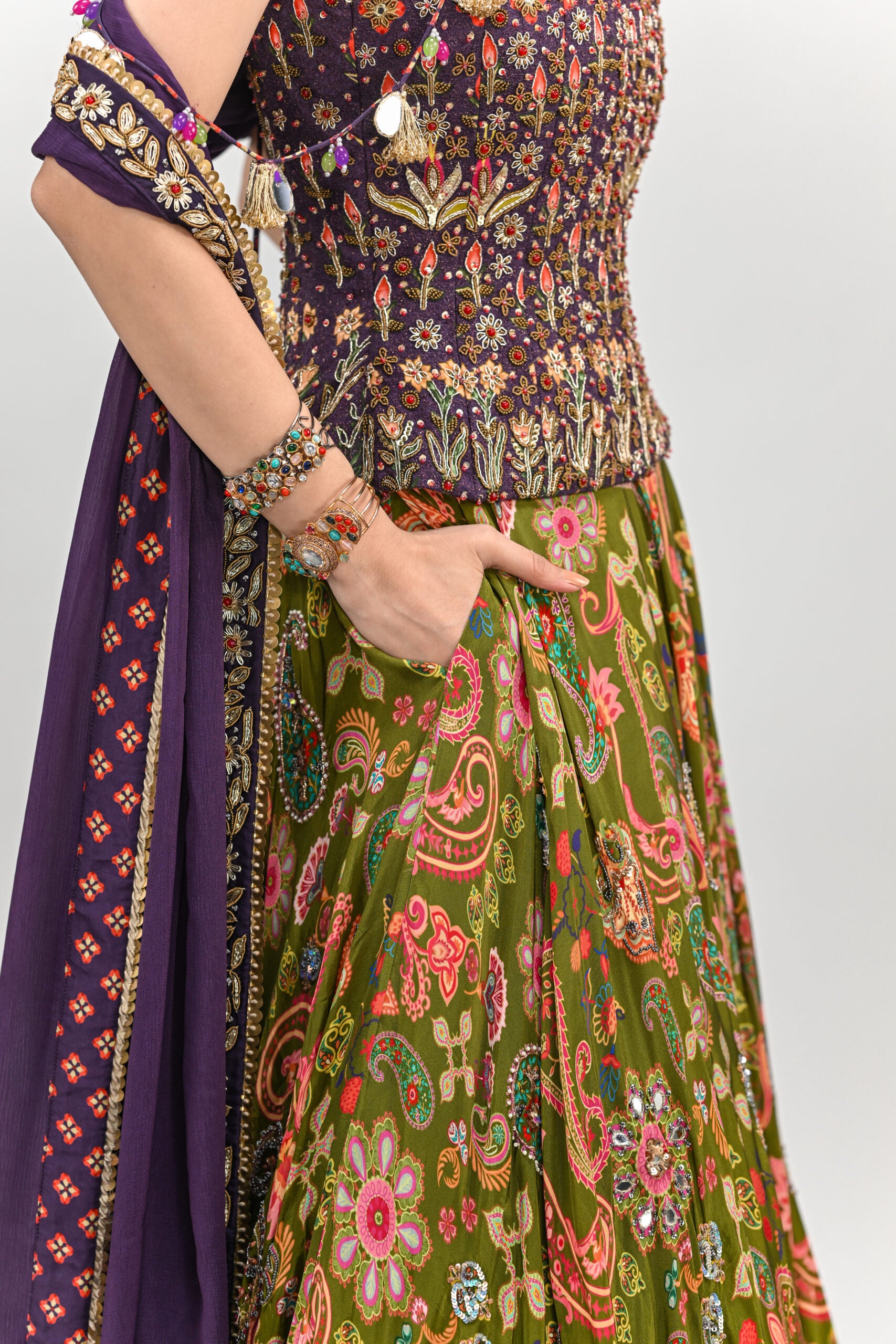 Olive Highlihted Lehenga Paired With Plum Embroidered Badla Corset (with dupatta) image 2