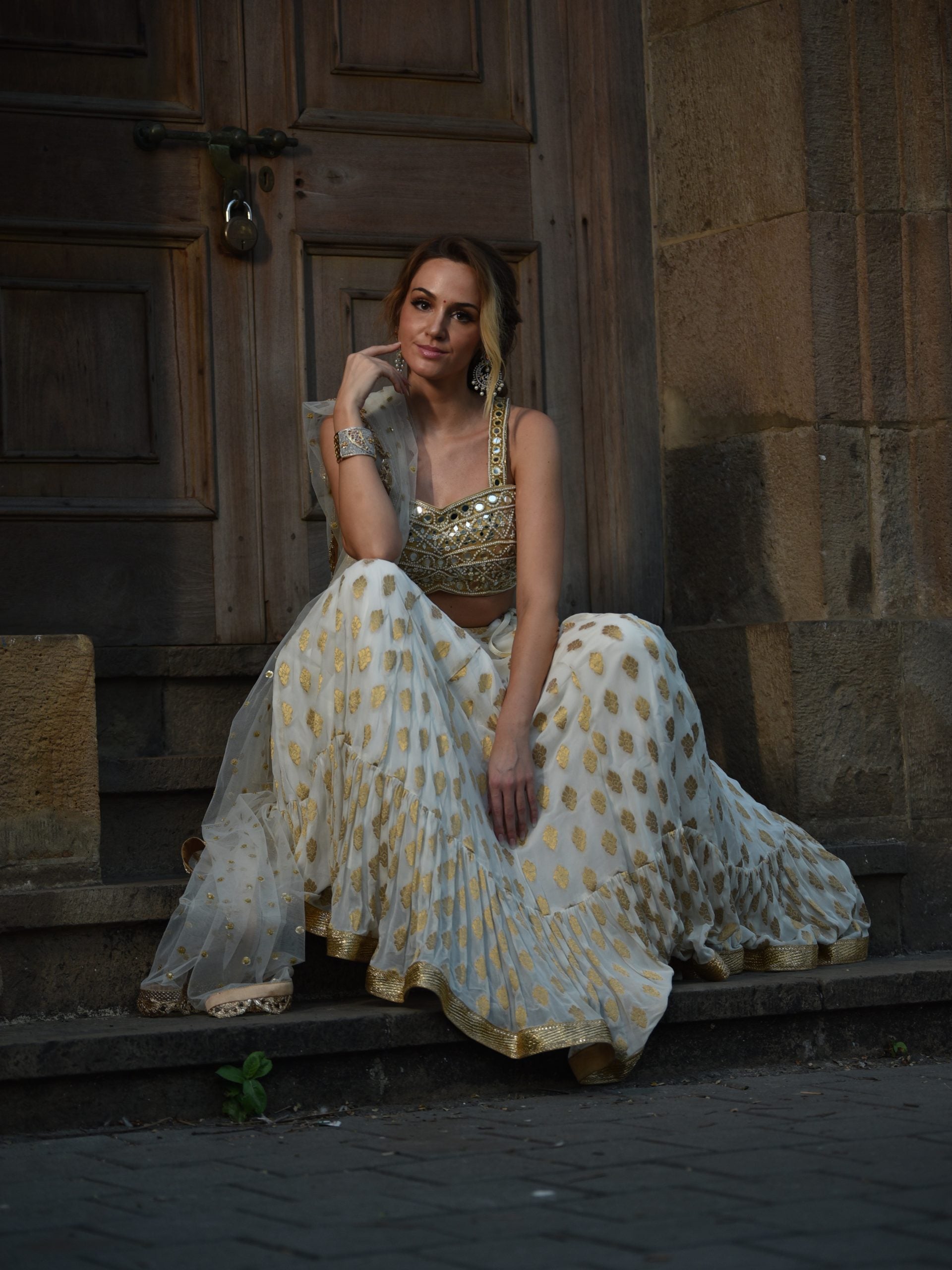 Ivory and Mirror Bustier Lehenga Set image 5