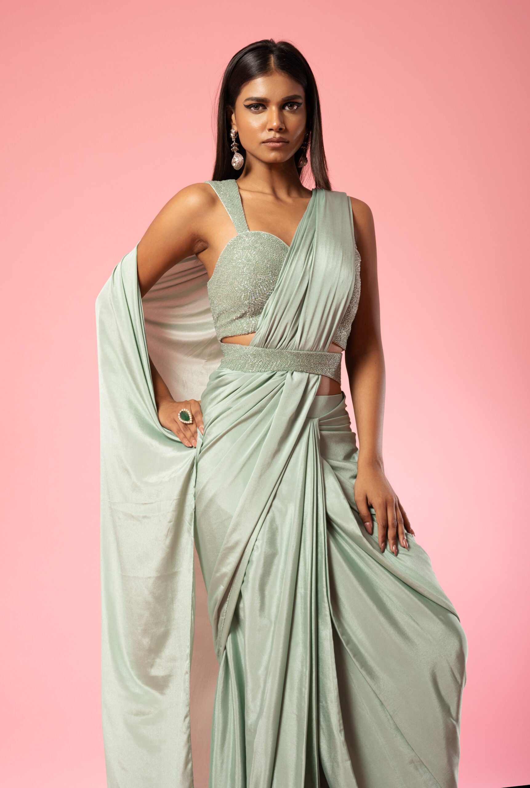 Sage Green Embroidered Saree image 2