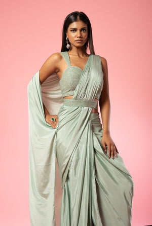 Sage Green Embroidered Saree image 2