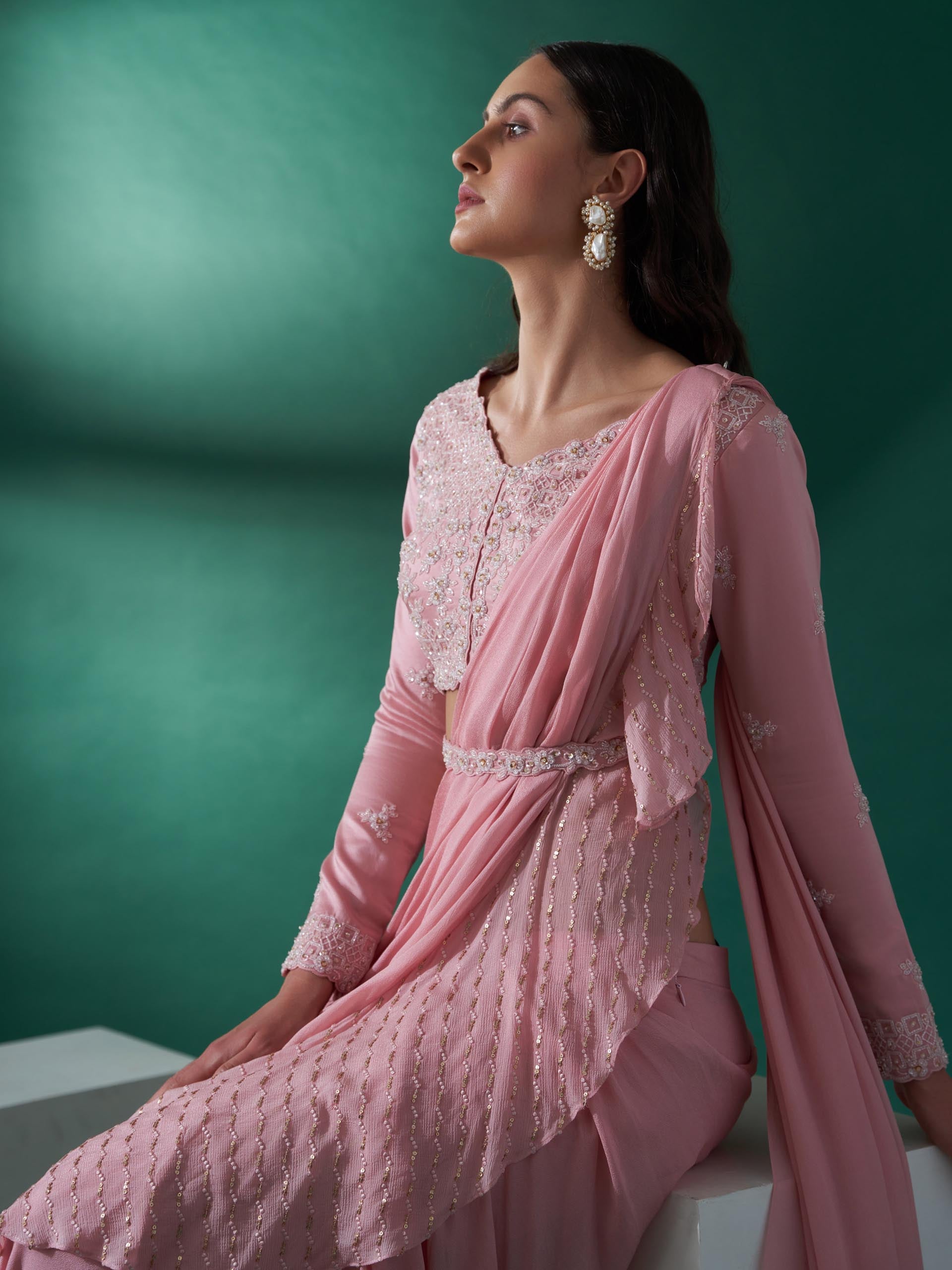 Light Pink Pre Draped Saree Set image 5