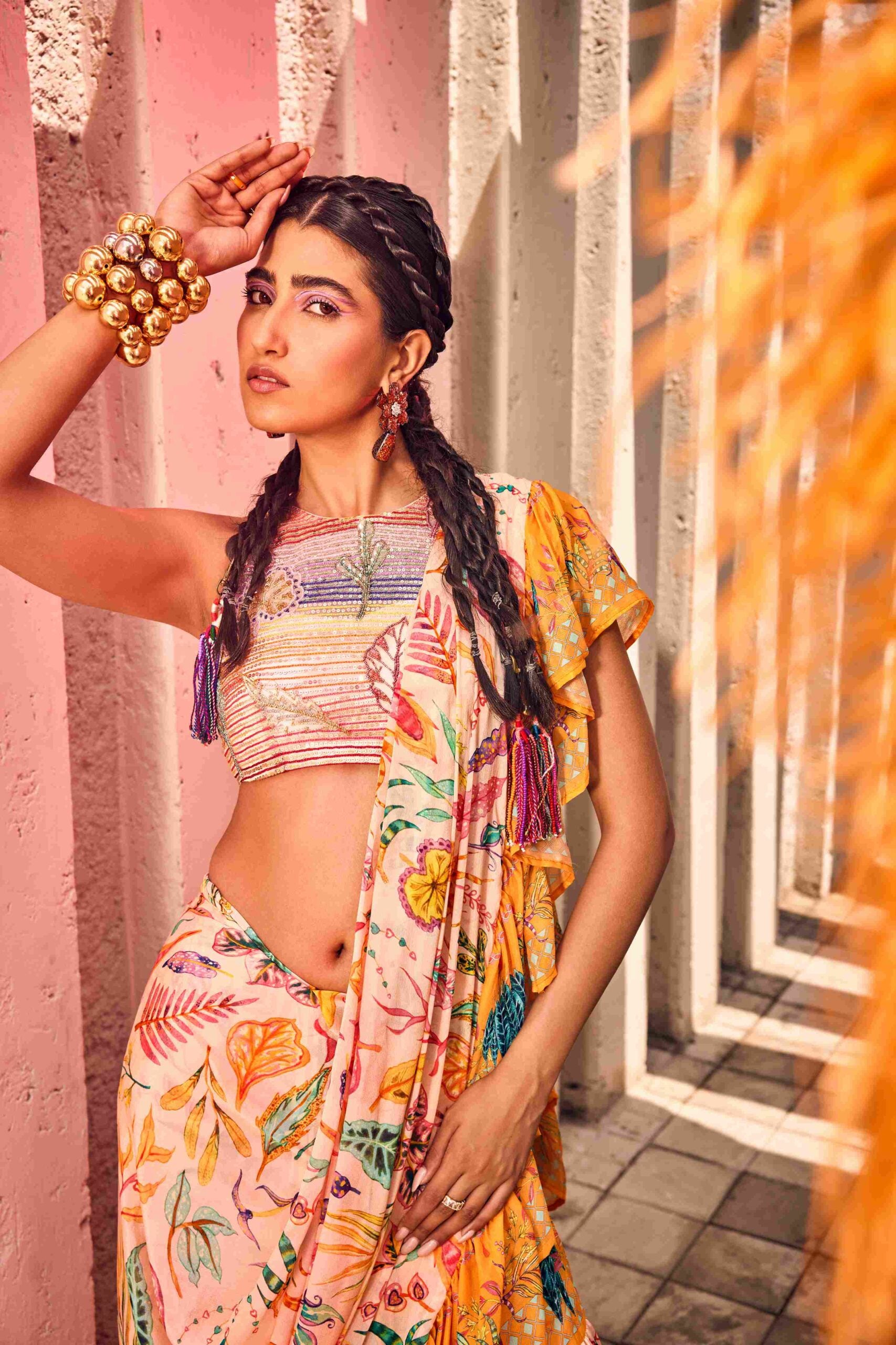 Drape-style Saree With Ruffle Details In Multi-Colour Floral Print image 2