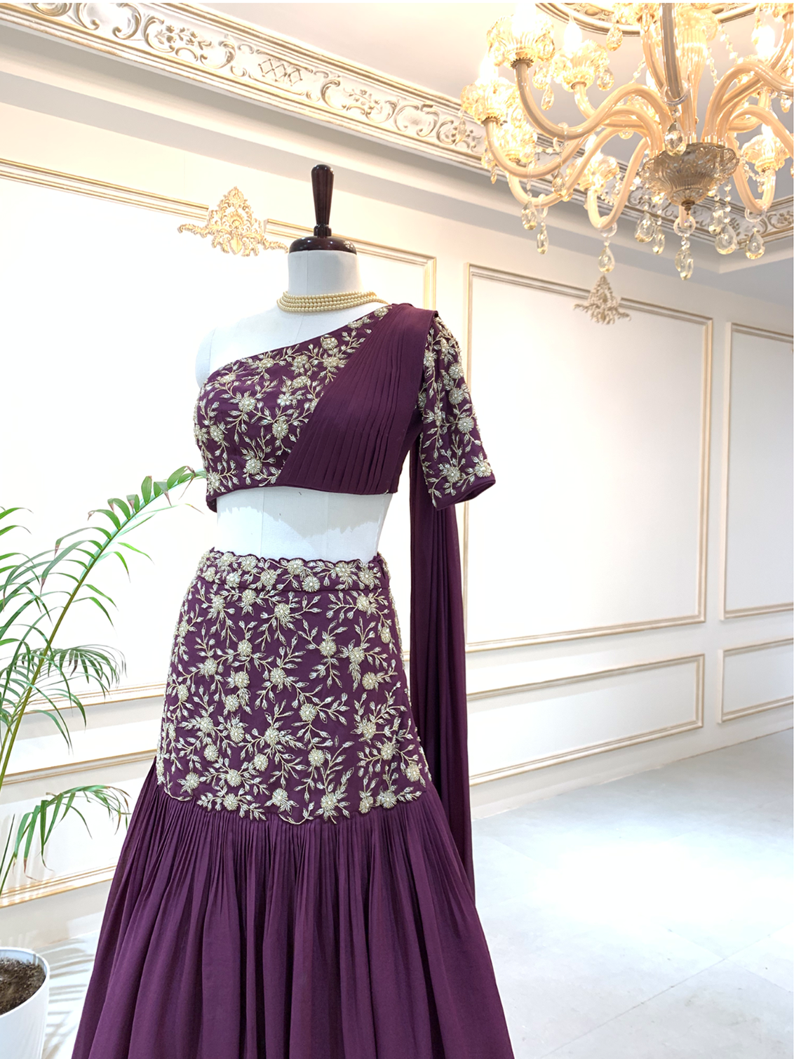 Wine One Shoulder Lehenga Set image 2