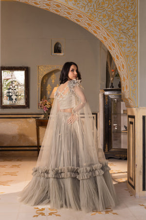 Grey Georgette Sequins Embroidered Blouse Lehenga Set - S image