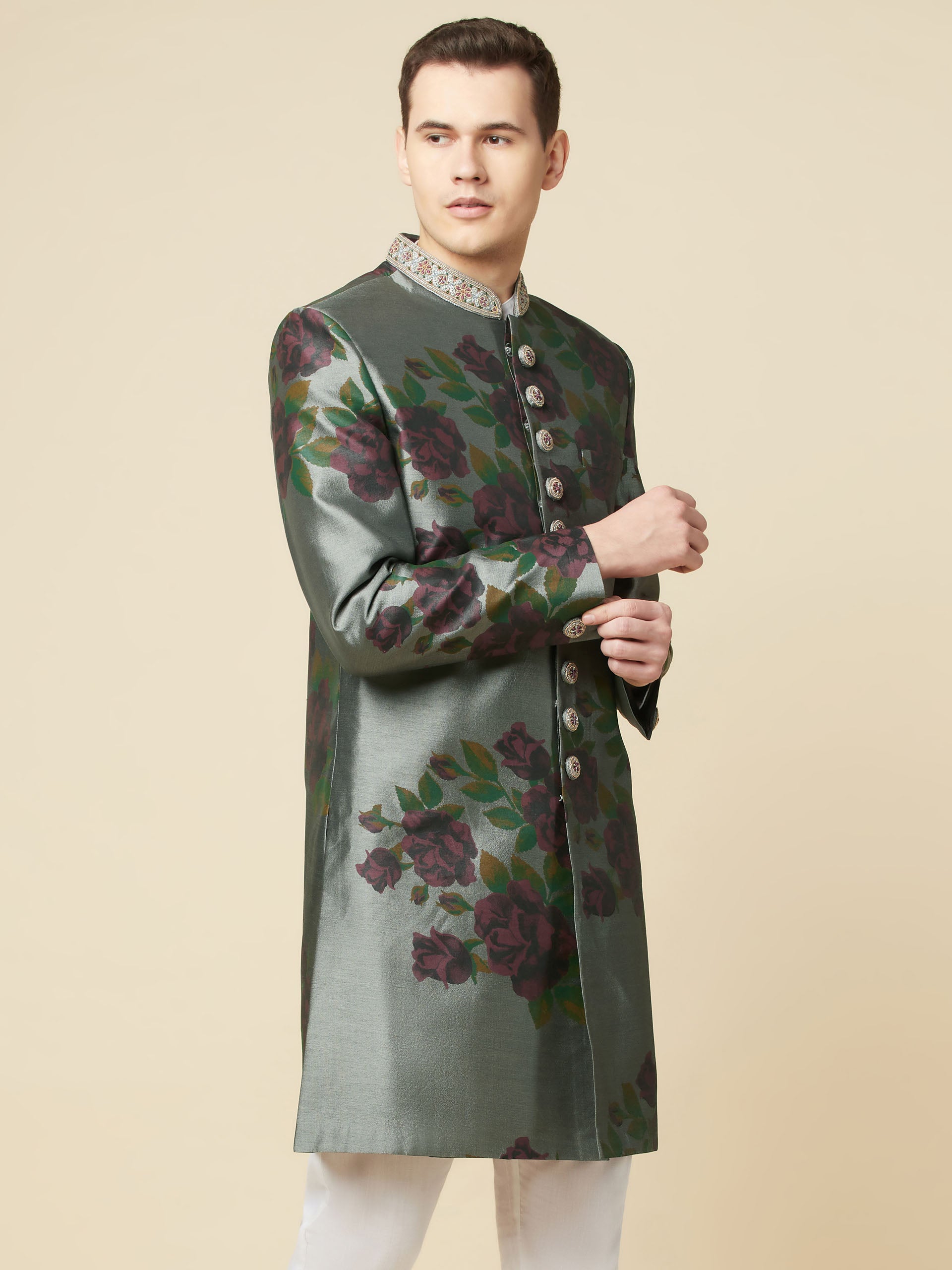 Grey Embroidered Sherwani Set image 1