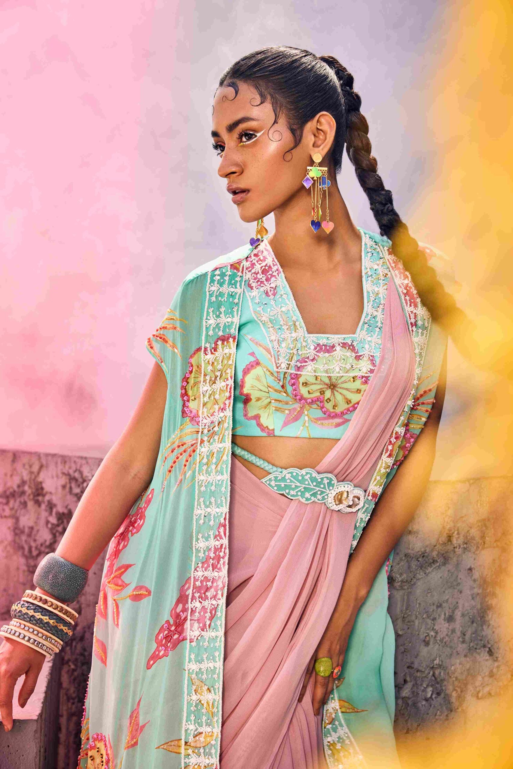 Pastel Pink Saree With Cape And Bustier In Teal Blue image 2