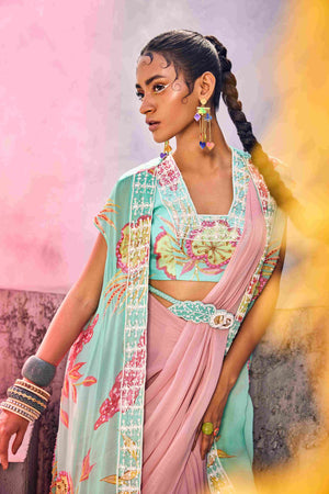 Pastel Pink Saree With Cape And Bustier In Teal Blue image 2