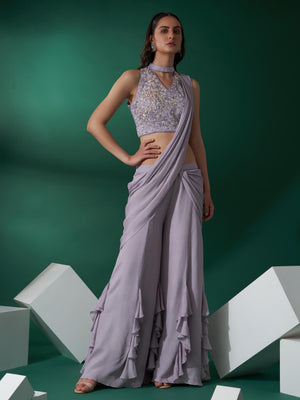 Lilac Pre Draped Pant Saree Set - XL image