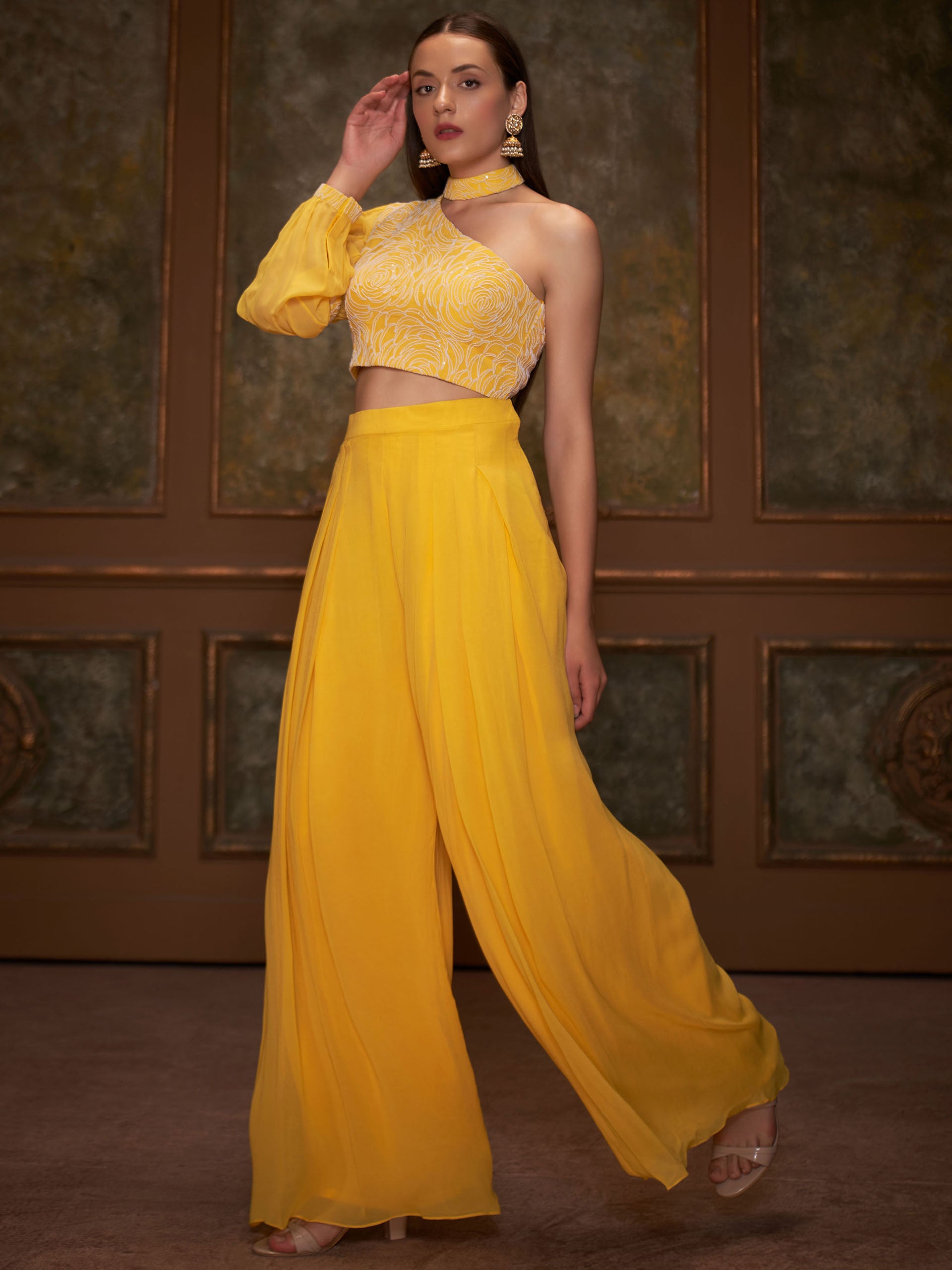 Yellow Thread Flared Pant Set image 2