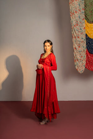 Red Embroidered Anarkali Suit Set image 4