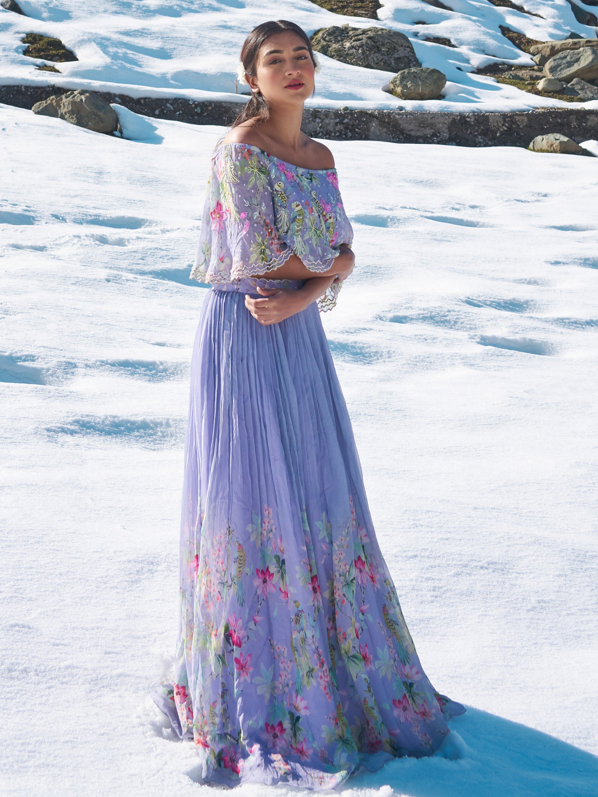 Lavender Floral Cape Lehenga Set image 2