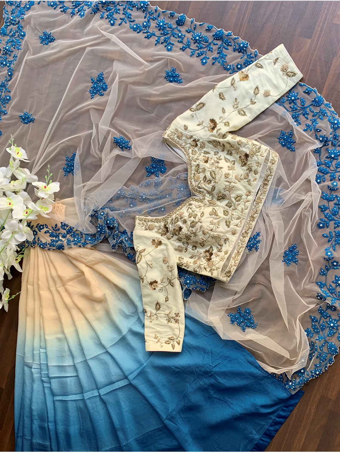 Off White And Blue Ombre Saree - Custom image