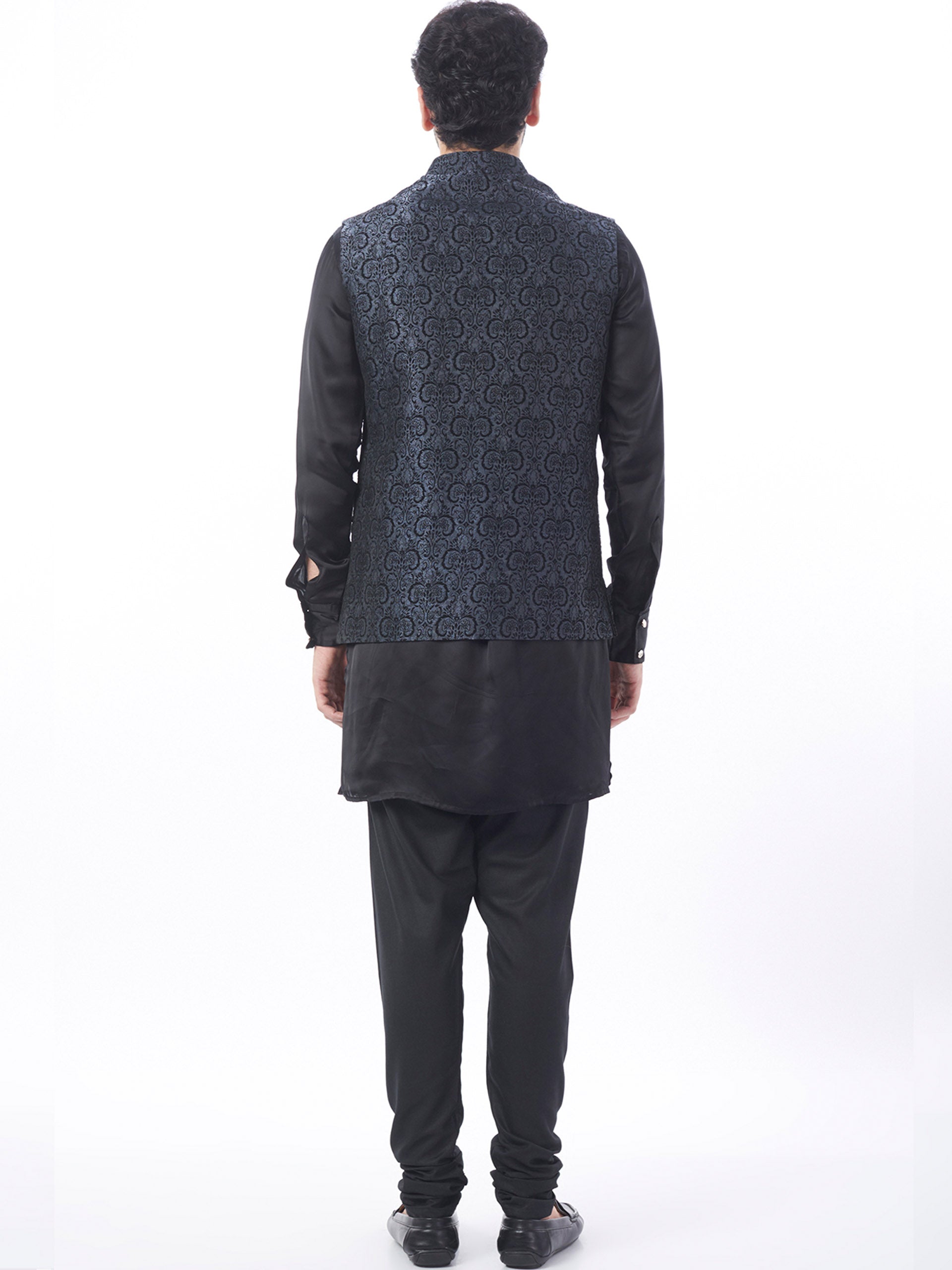 Black Gray Brocade Bundi Jacket Set image 2