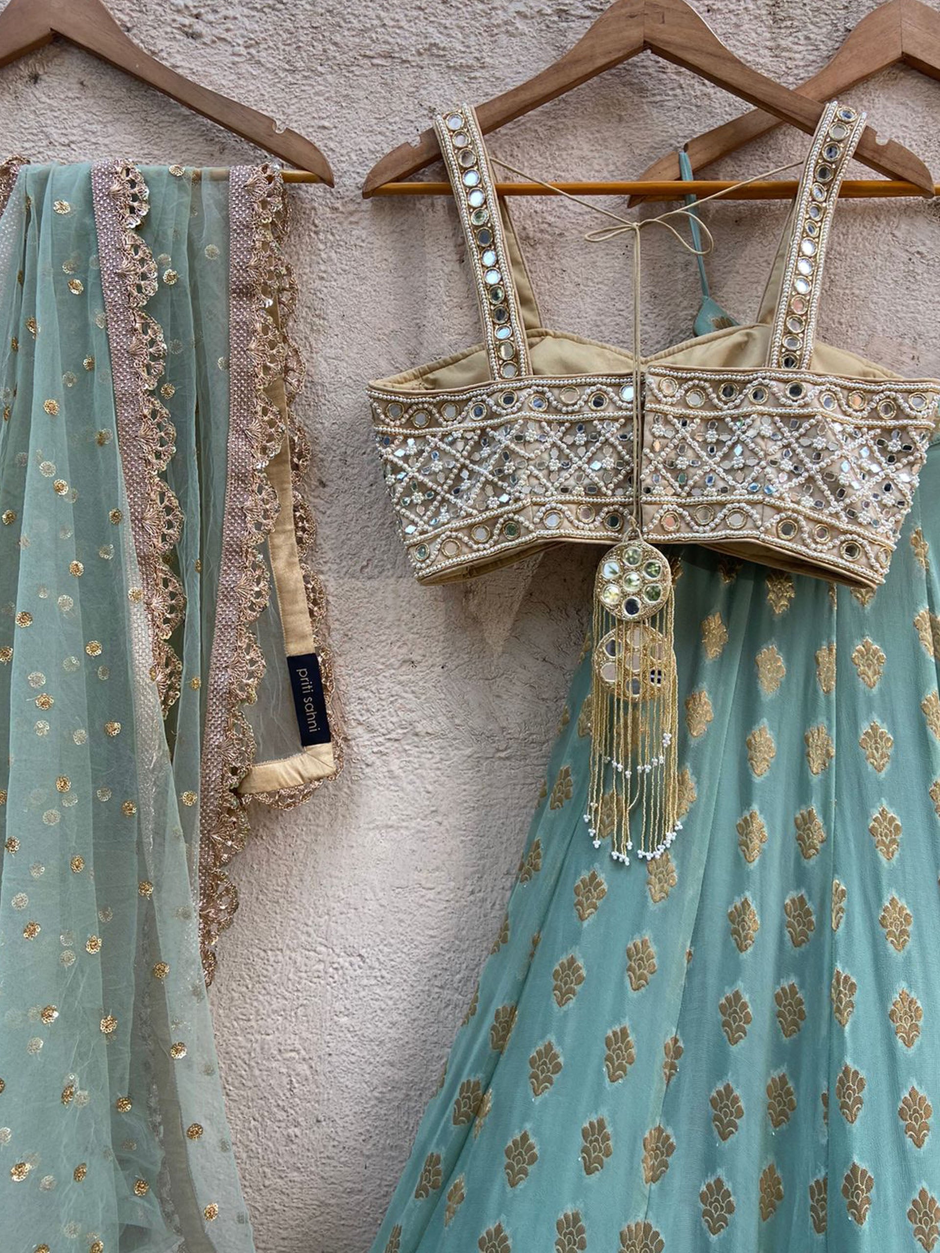 Ocean Green Lehenga Set with Mirror Bustier image 2