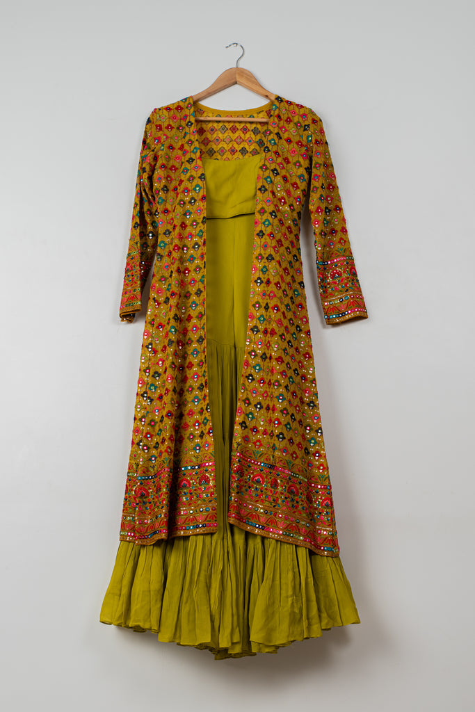 Charteuse Green Sharara With Yellow Multicolor Jacket image 0