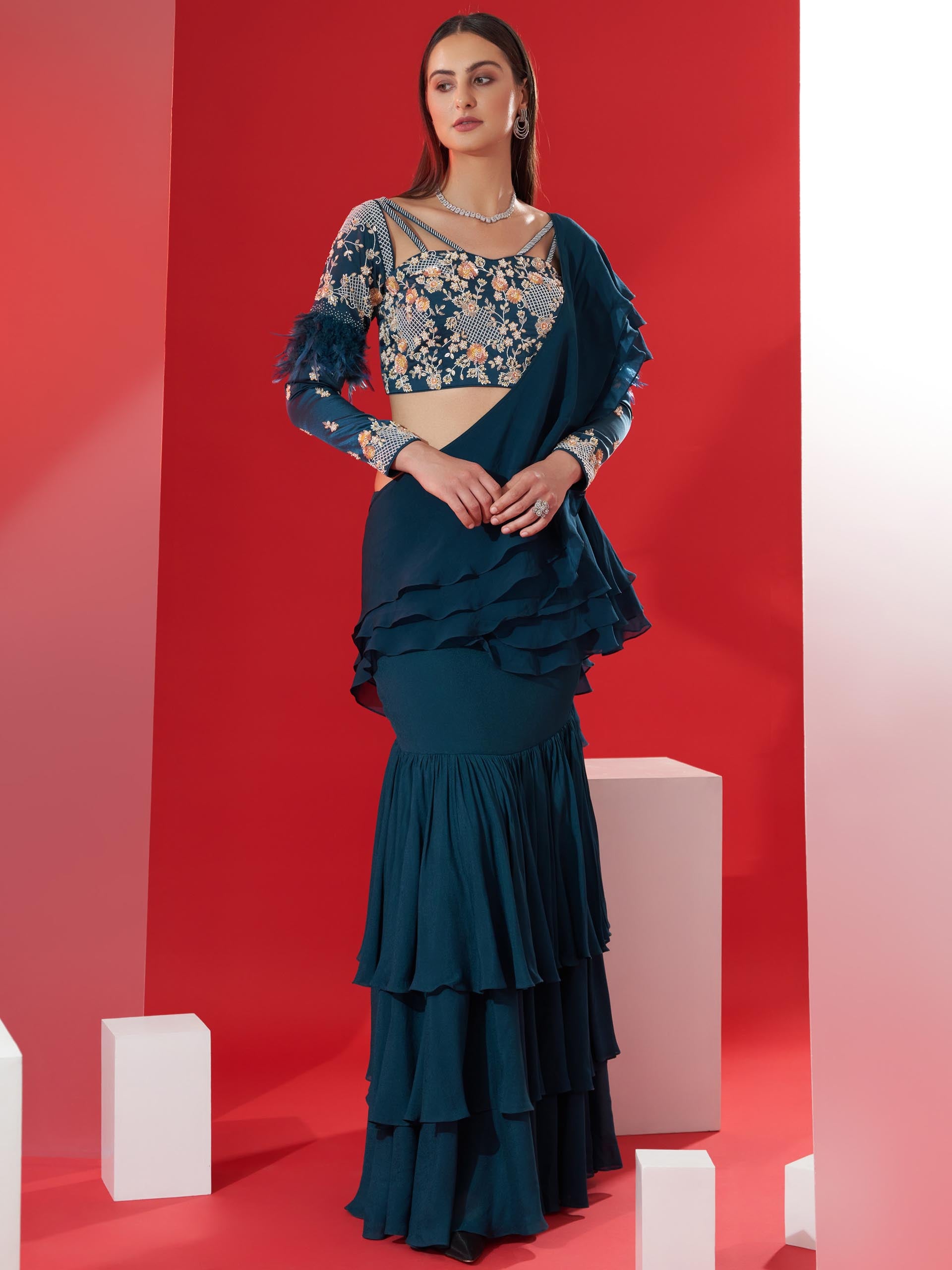 Teal Blue Pre Draped Ruffle Saree Set - XL image