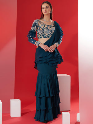 Teal Blue Pre Draped Ruffle Saree Set - XL image