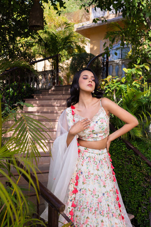 Off-White Floral Georgette Crepe Embroidered Tiered Lehenga Set image 5