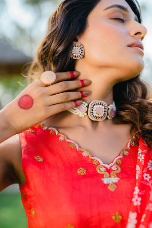 Cherry Red Floral Printed Pre-Stitched Saree Set image 5