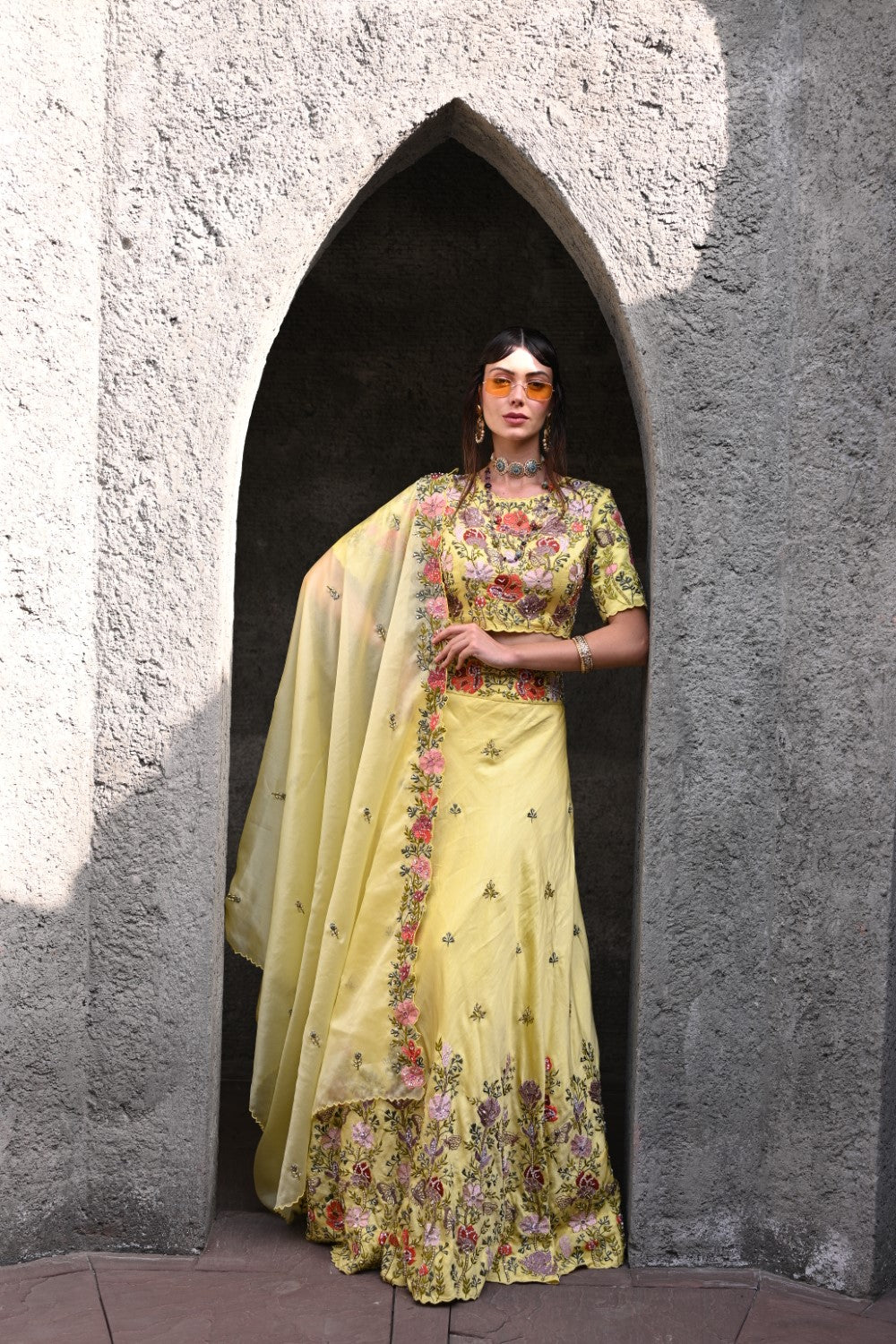 Lemon Yellow Embroidered Lehenga Set image 0