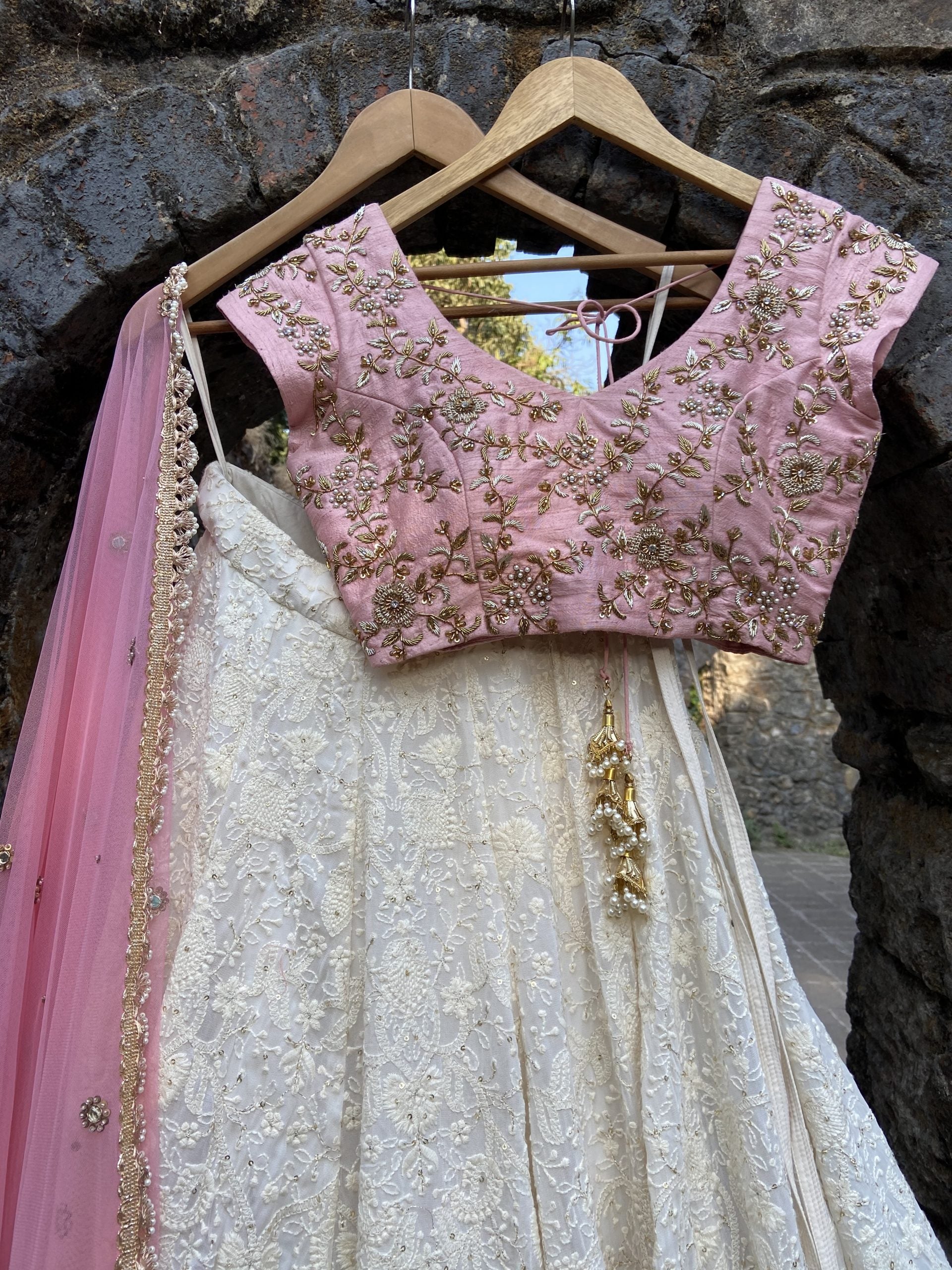 Ivory and Pink Lucknowi Lehenga Set image 3