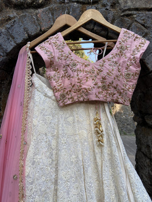 Ivory and Pink Lucknowi Lehenga Set image 3
