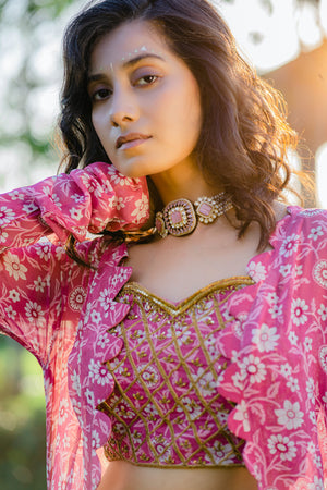 Mauve Printed &amp; Embroidered Long jacket &amp; pallazo pants Set image 3