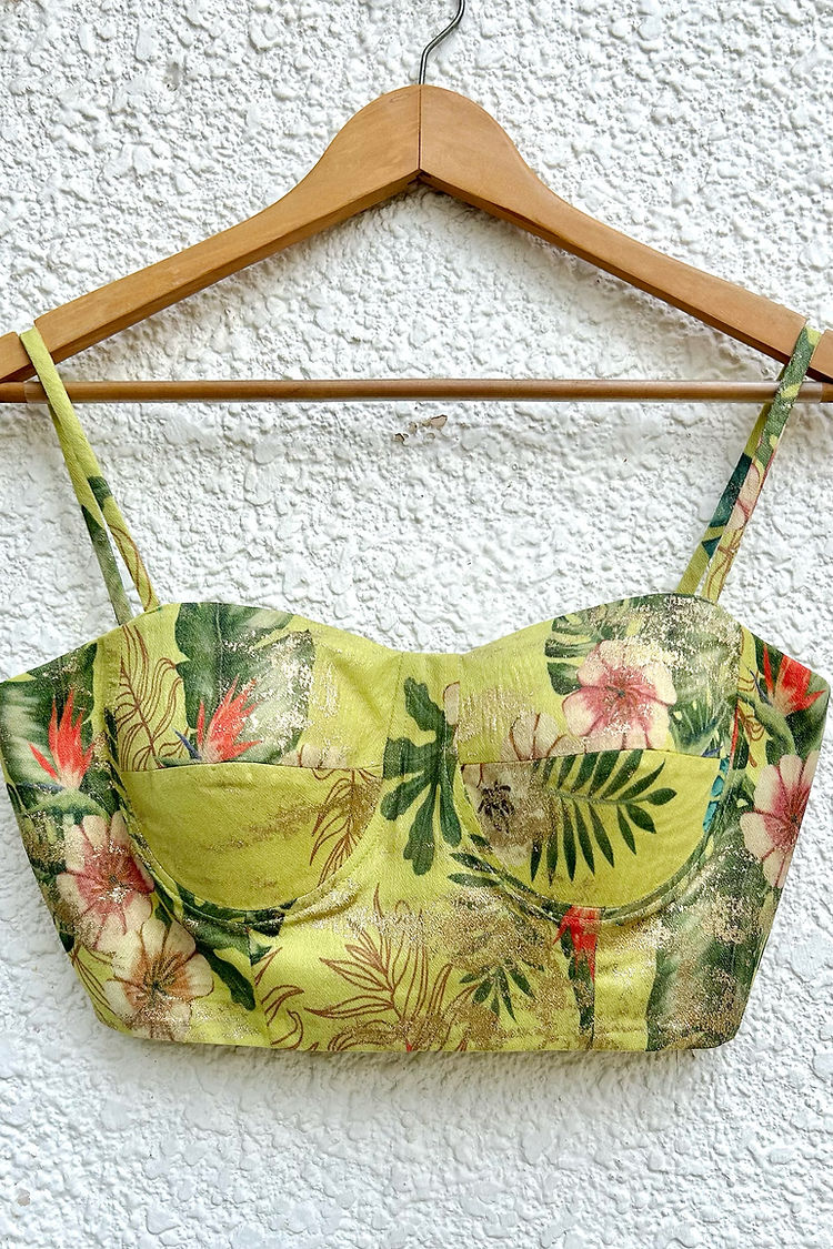 Lime Green Bustier and Lehenga in Mystic Florals with Metallic Gold image 2