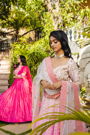 Pink Raw Silk Hand Embroidered Lehenga Set image 7
