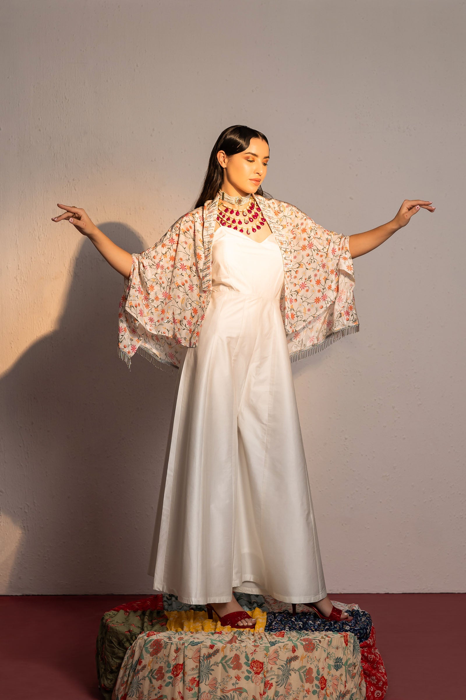 Ivory Printed And Embroidered Jumpsuit with Cape image 0