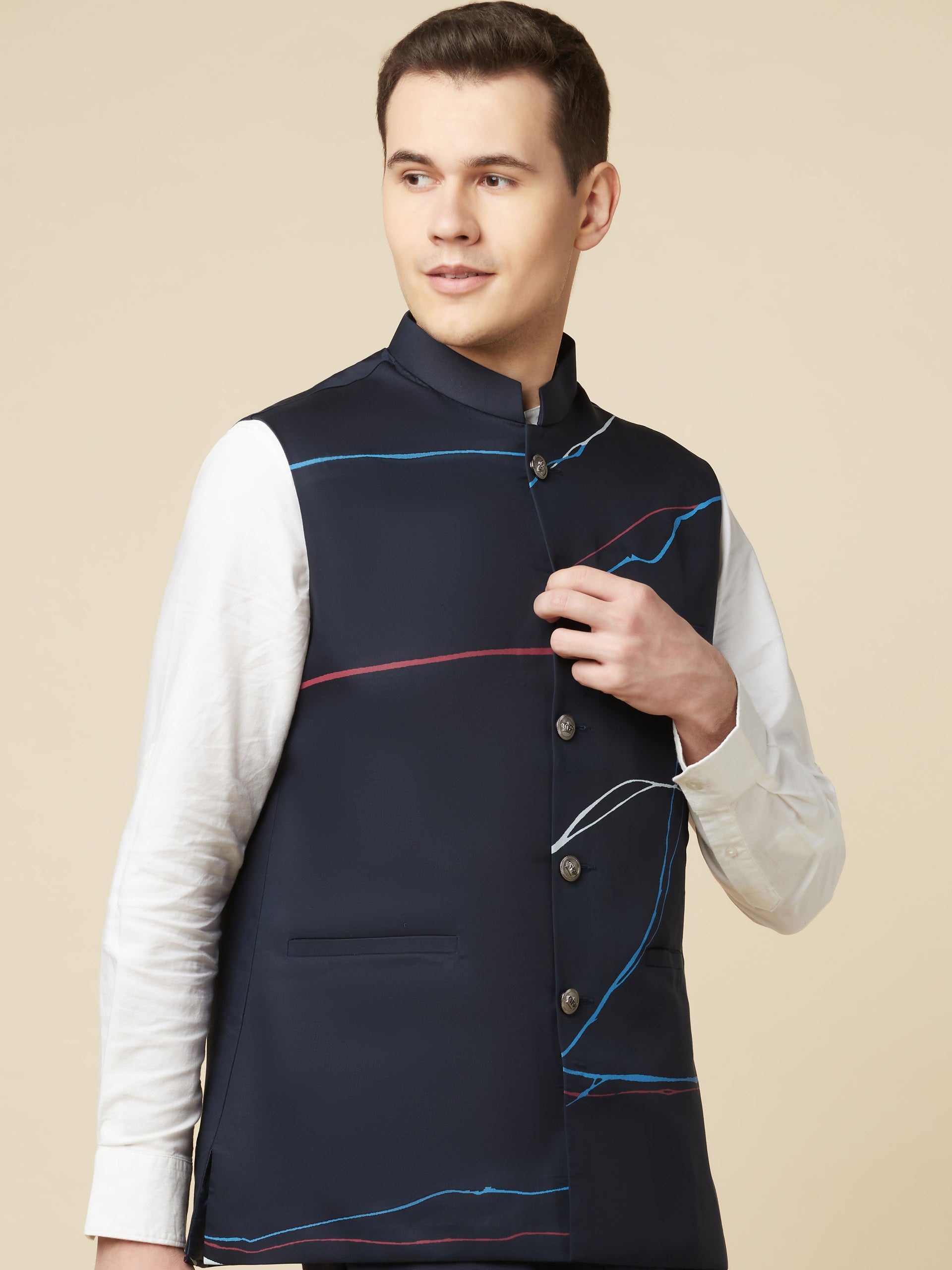 Navy Blue Printed Bundi Jacket image 7