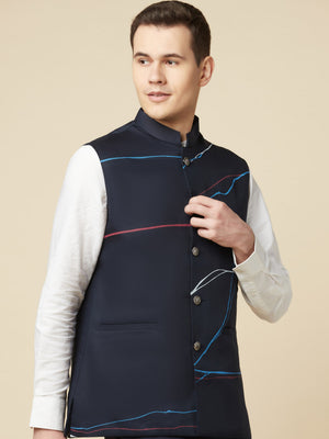 Navy Blue Printed Bundi Jacket image 7