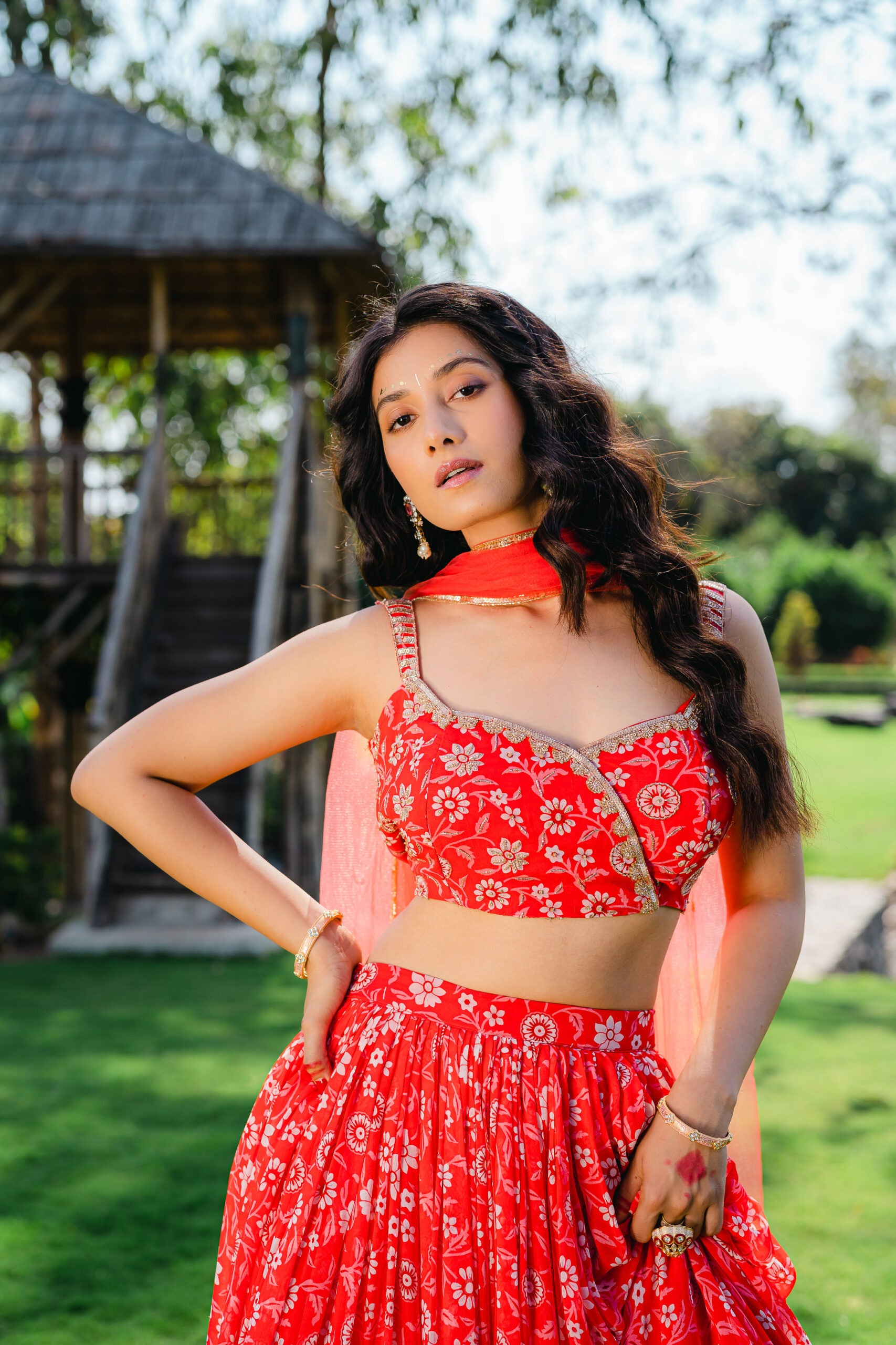 Cherry Red Floral Printed Lehenga Set image 3