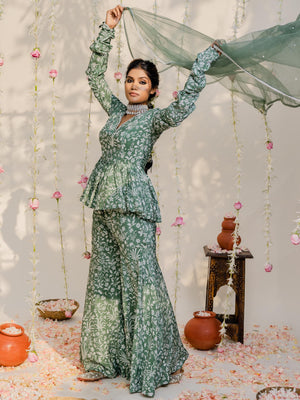 Floral Olive Green Sharara Set image 5