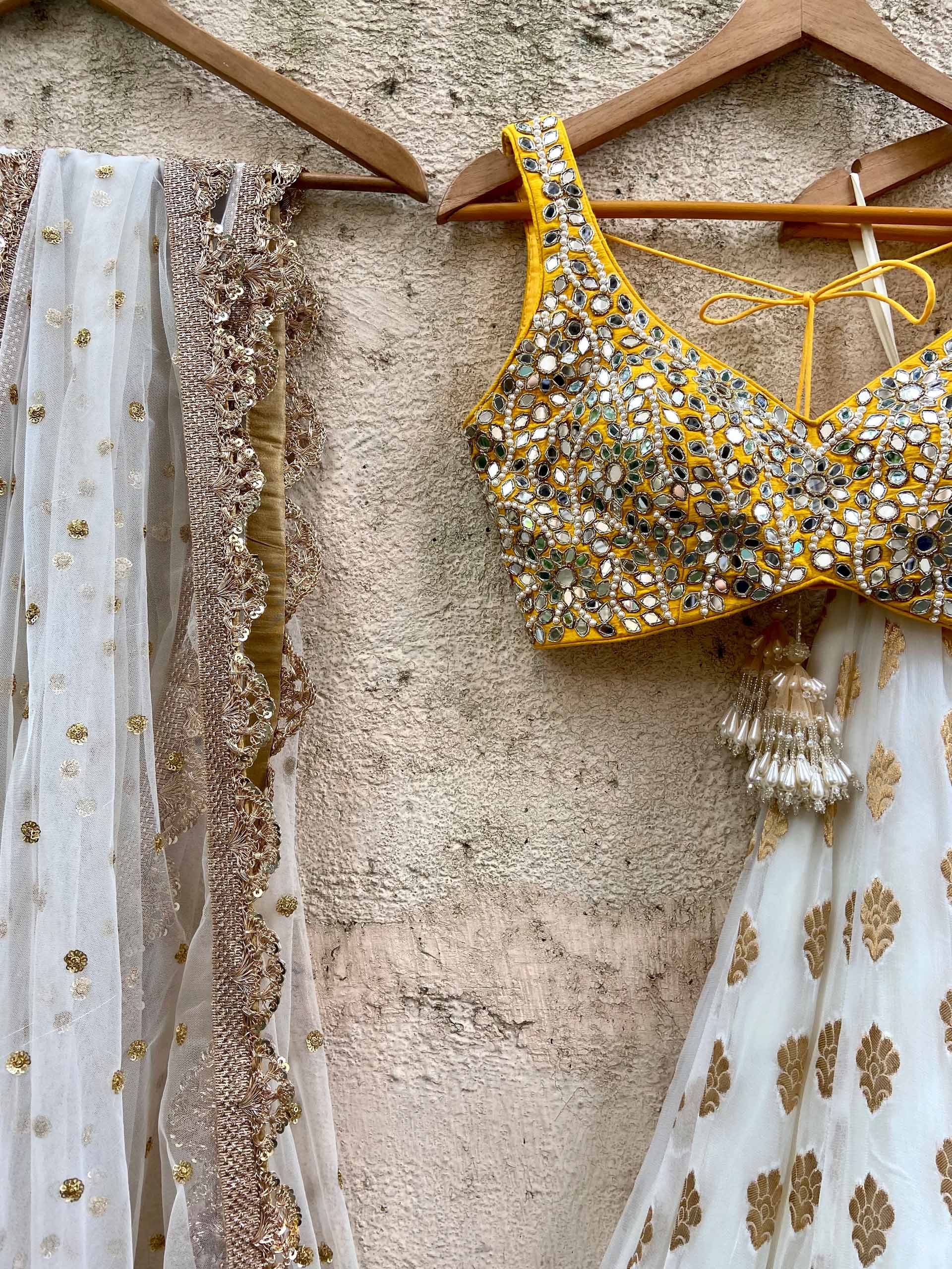 Ivory Gold Ruffle Lehenga Set With Yellow Mirror Blouse image 2
