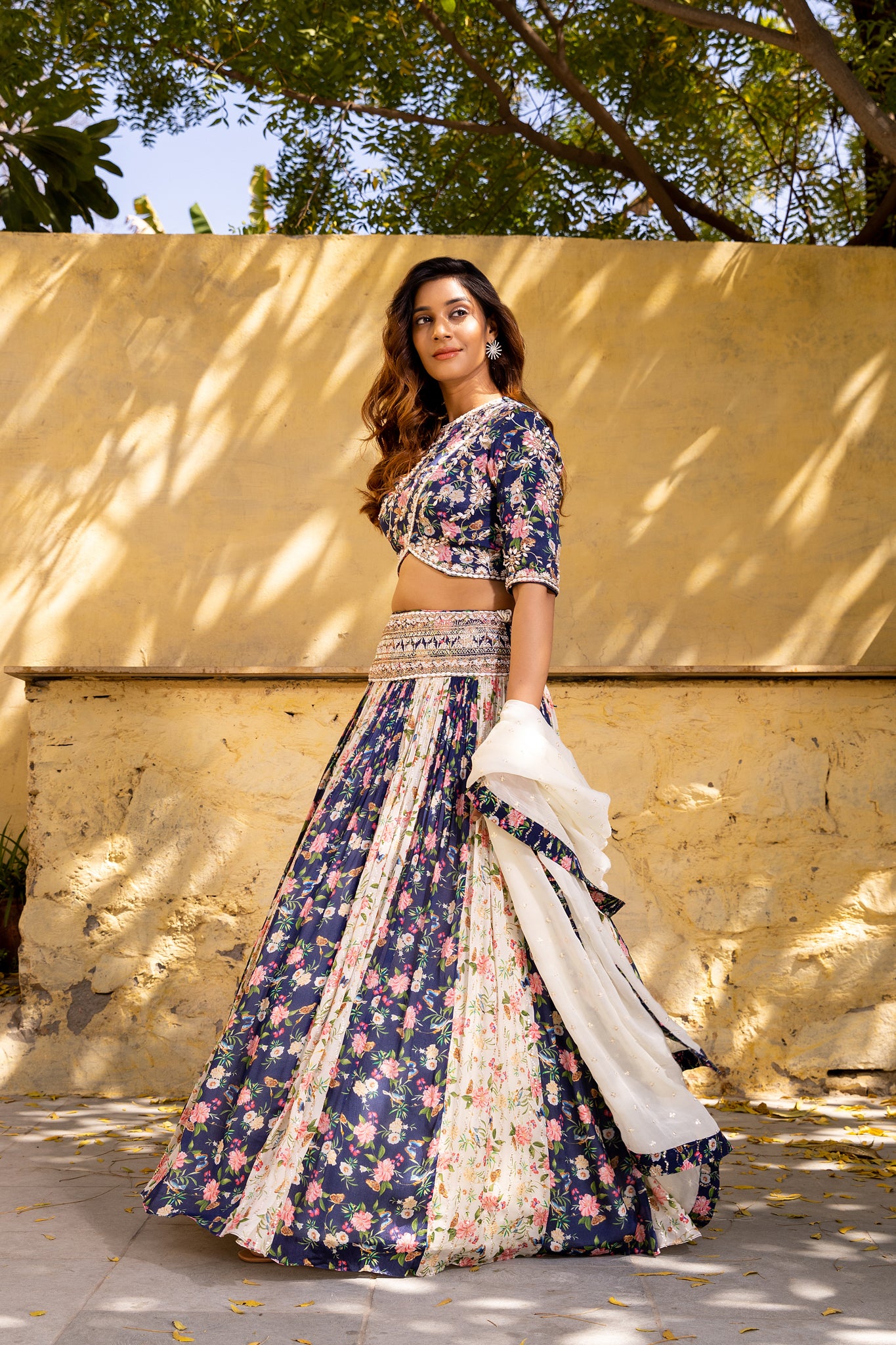 Navy Blue &amp; Off-White Floral Georgette Crepe Embroidered Lehenga Set image 8