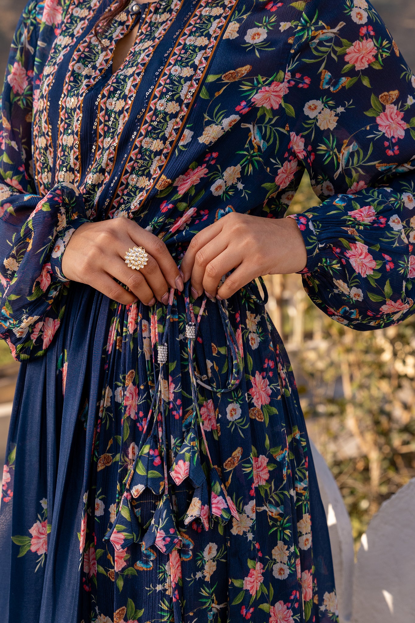 Navy Blue Floral Crepe Georgette Dress image 6