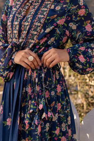 Navy Blue Floral Crepe Georgette Dress image 6