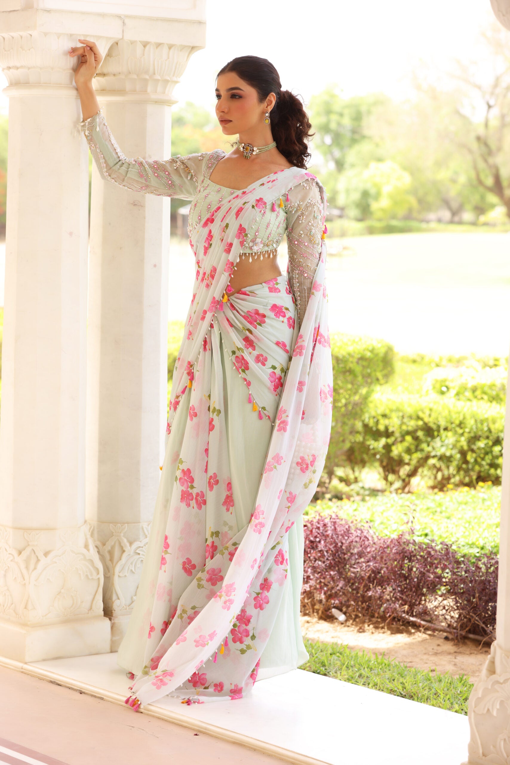 Floral Printed Pre-Drape Saree image 1