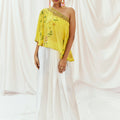 Bright Yellow Printed Embroidered Drape Skirt Set with Top & Bustier image 0