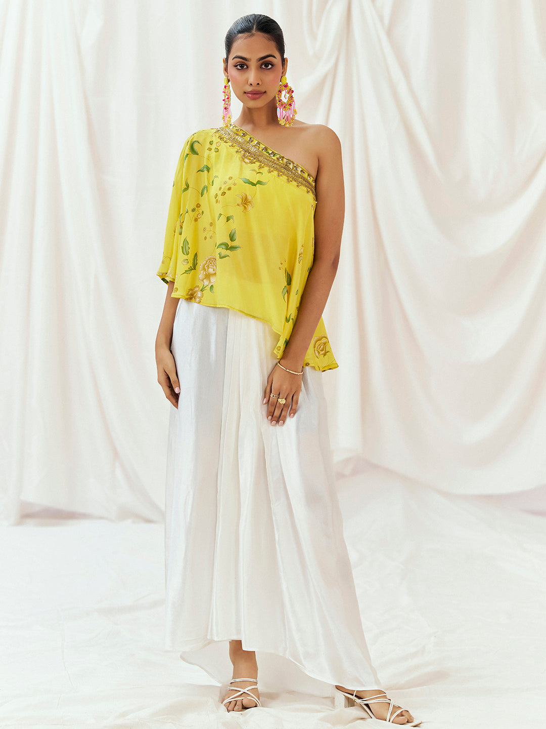 Bright Yellow Printed Embroidered Drape Skirt Set with Top & Bustier image 0