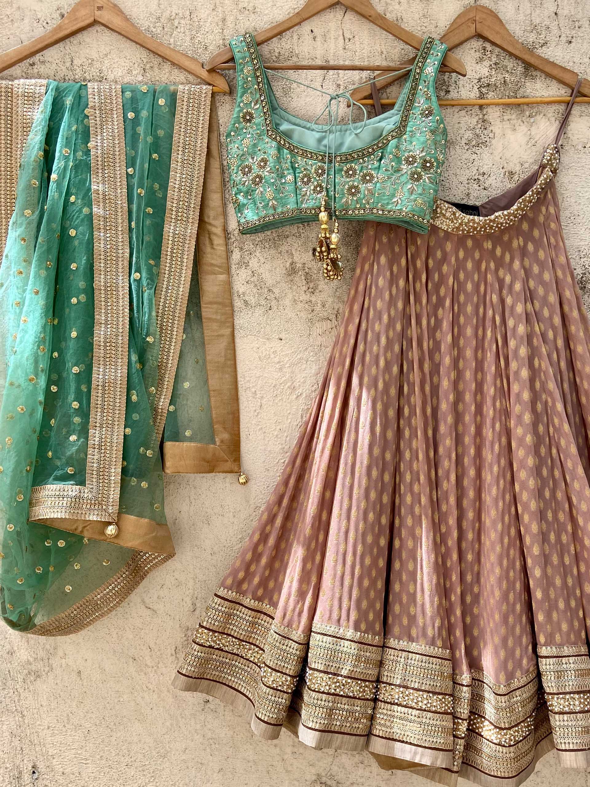 Chestnut Brown and Jade Green Zari Lehenga Set image 2