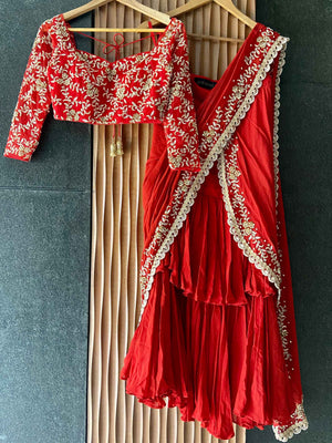 Red Ruffled Embroidered Pre-stitched Saree Set - L image