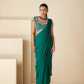 Green Embroidered Pre-Drape Saree image 0