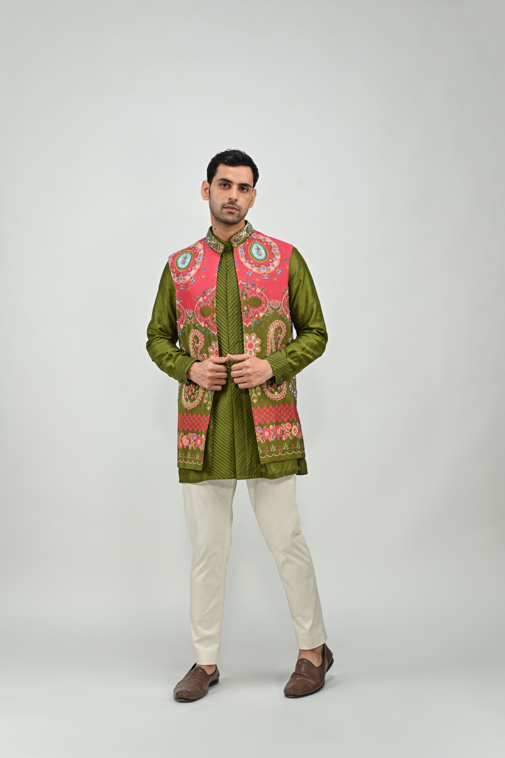 Olive Green Highlighted Half Jacket Full Set image 4